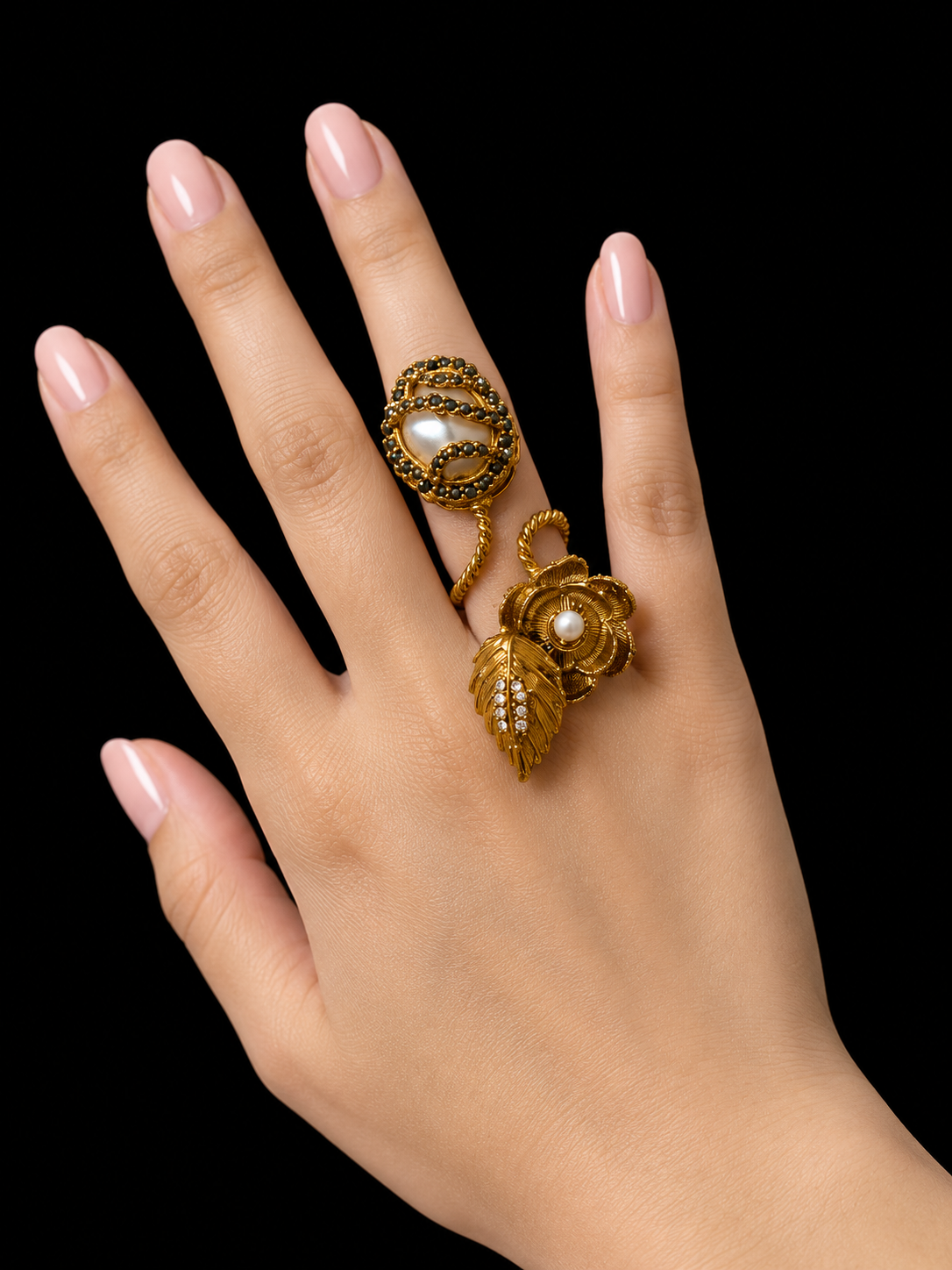 Gold Pearl Floral Statement Ring for Women