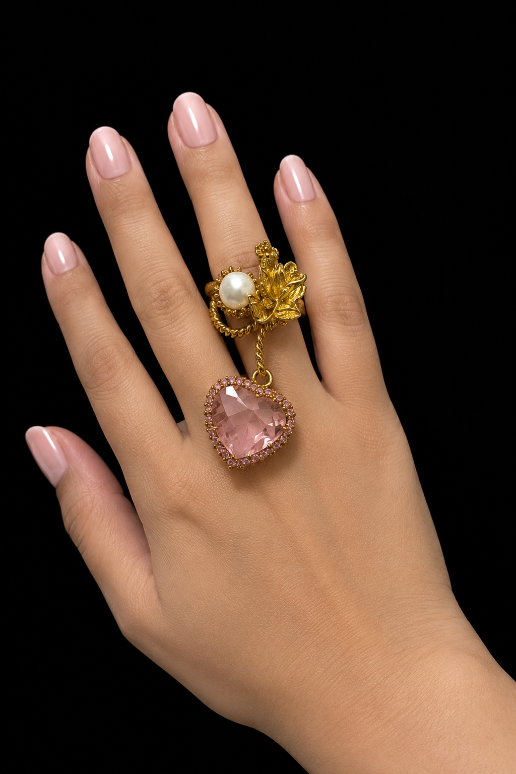 Pink Heart Adjustable Double Finger Ring – Gold Tone Floral Pearl Statement Ring