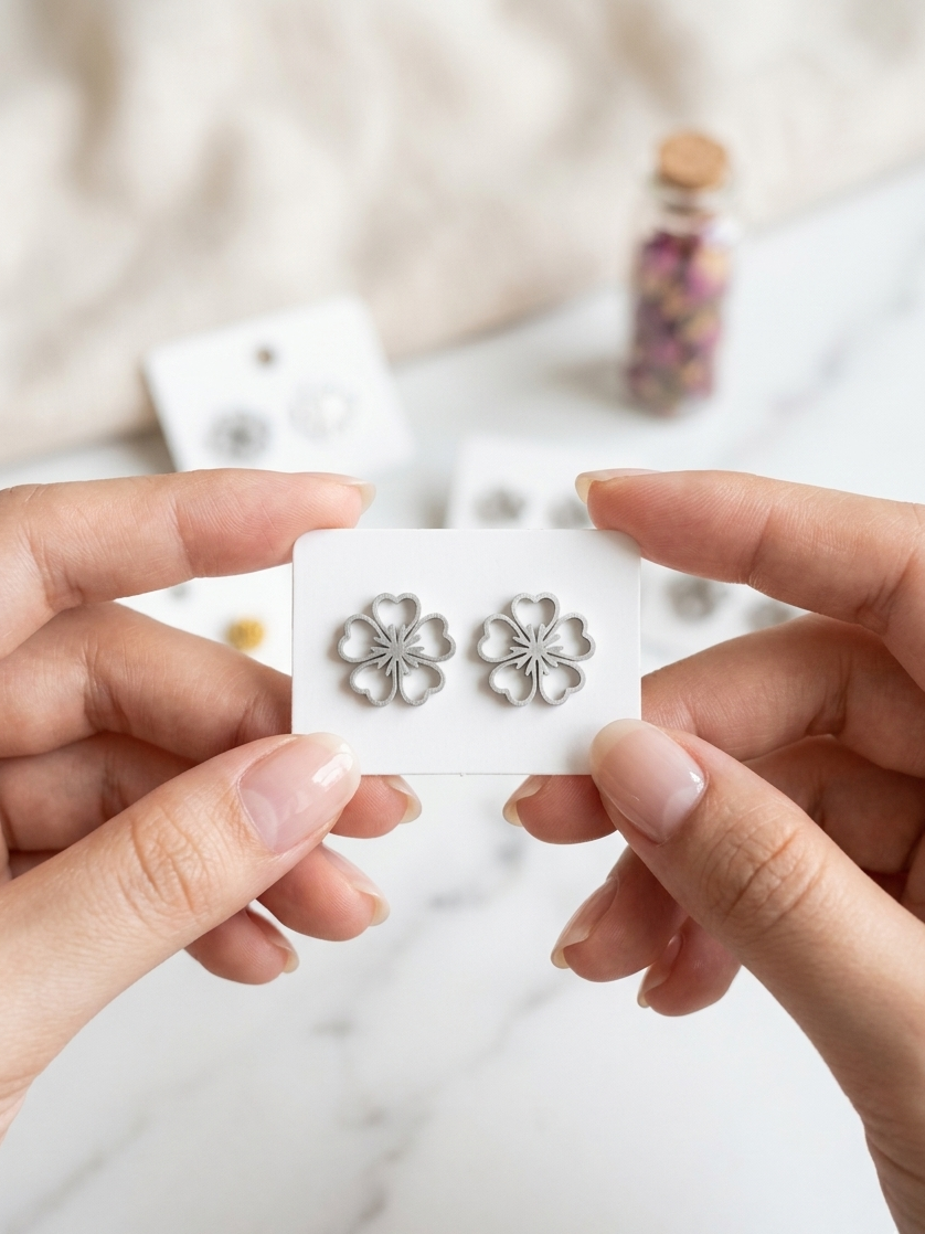 Silver Heart Flower Stainless Steel Stud Earrings for Women | Elegant Floral Design