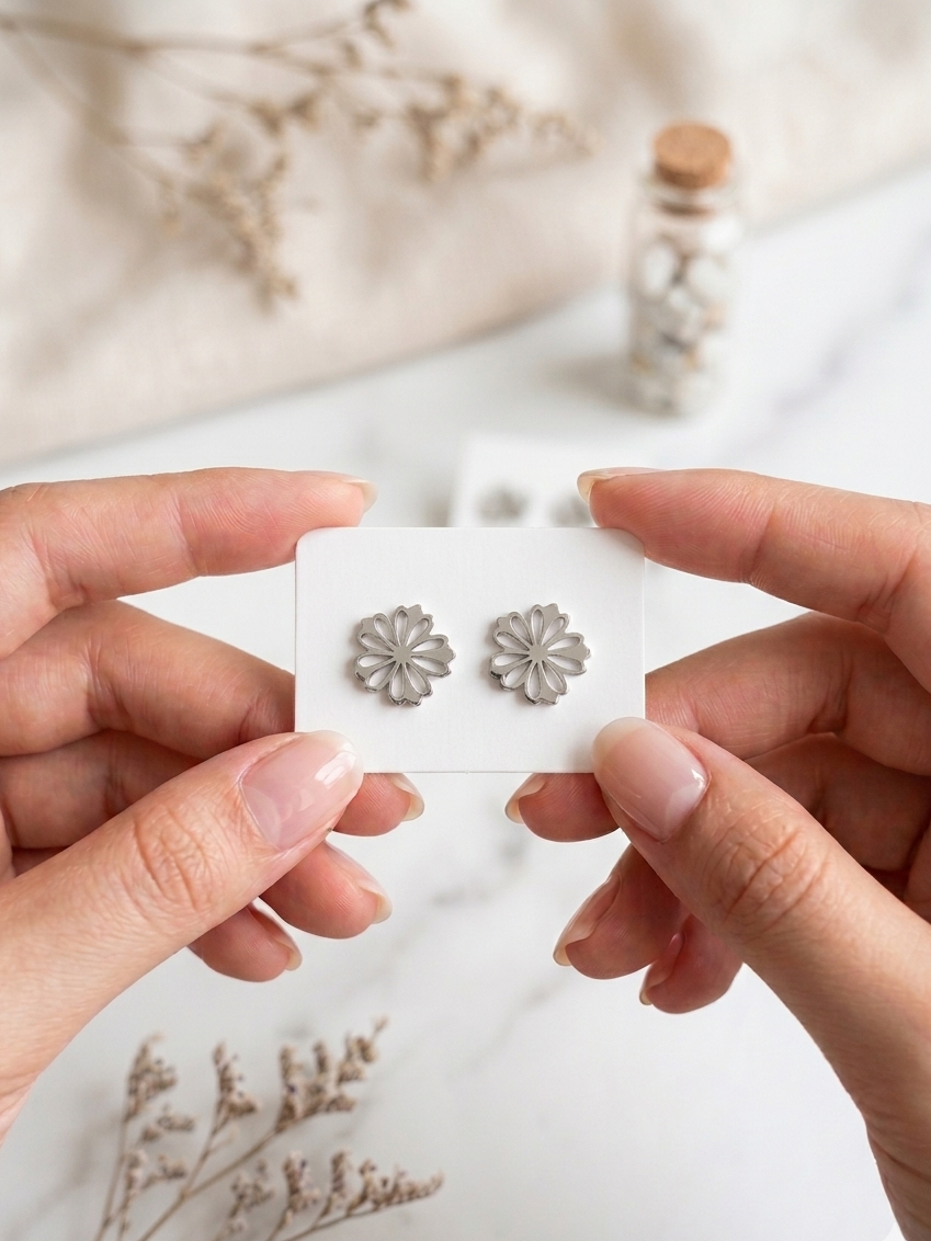 Silver Blossom Flower Stainless Steel Stud Earrings for Women | Elegant Floral Studs