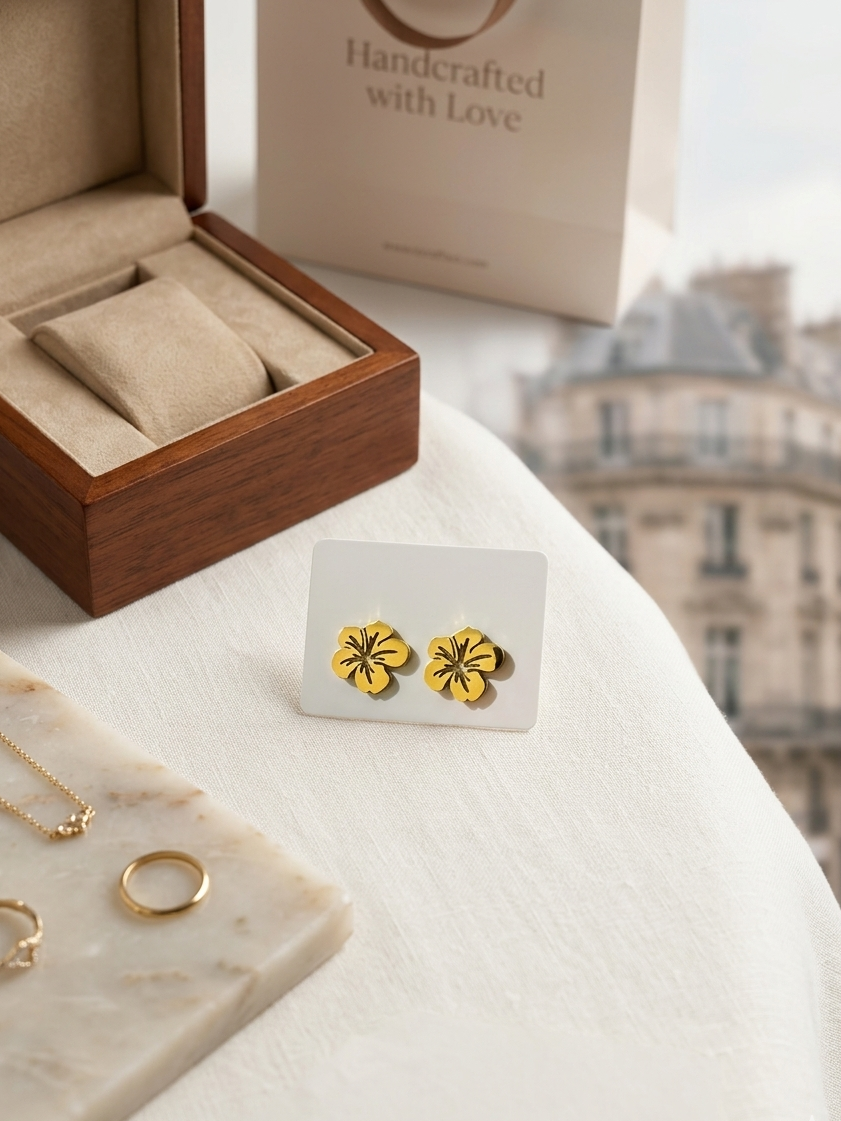 Golden Hibiscus Flower Stainless Steel Stud Earrings