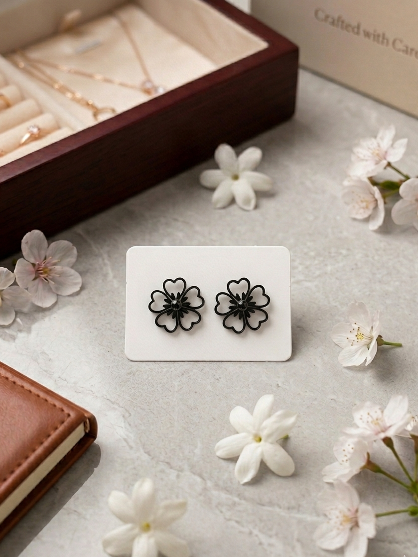 Black Heart petal Flower Stud Earrings