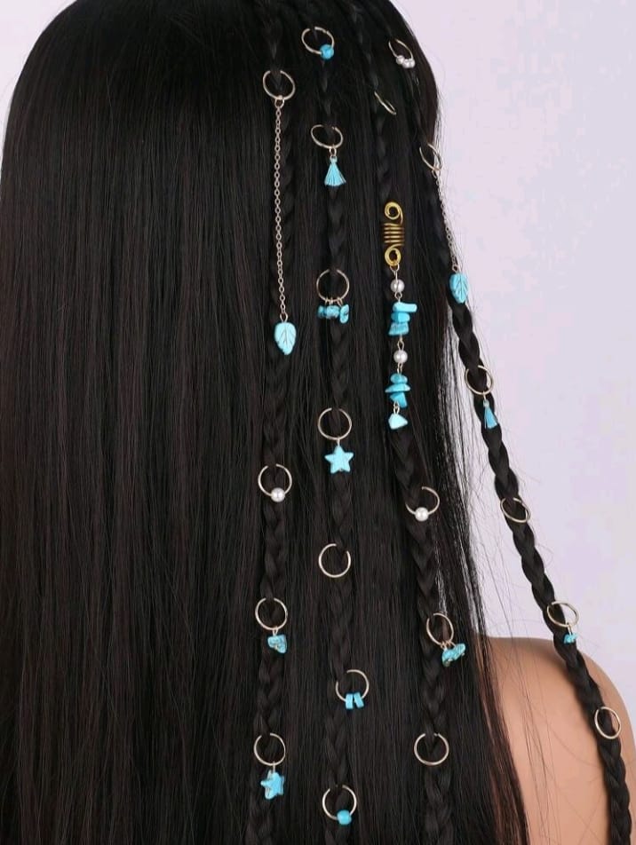 24pcs Women's Personalized Exaggerated Blue Star, Pearl, Tassel Braided Hair Clips, Natural Stone Pendant Hair Hoops, Headbands, Suitable For Daily, Party, Gathering, Dance Events, Hair Accessories For Women, Hairpin, Boho Style