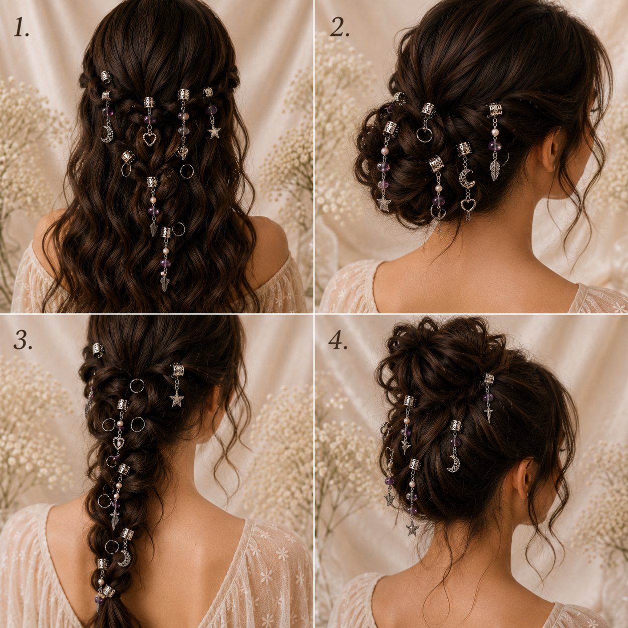 36PCS Silver Hair Cuffs for Braids | Adjustable Braid Rings, Dreadlock Hair Jewelry, Loc Accessories with Pearl, Purple Crystal & Charm Pendants