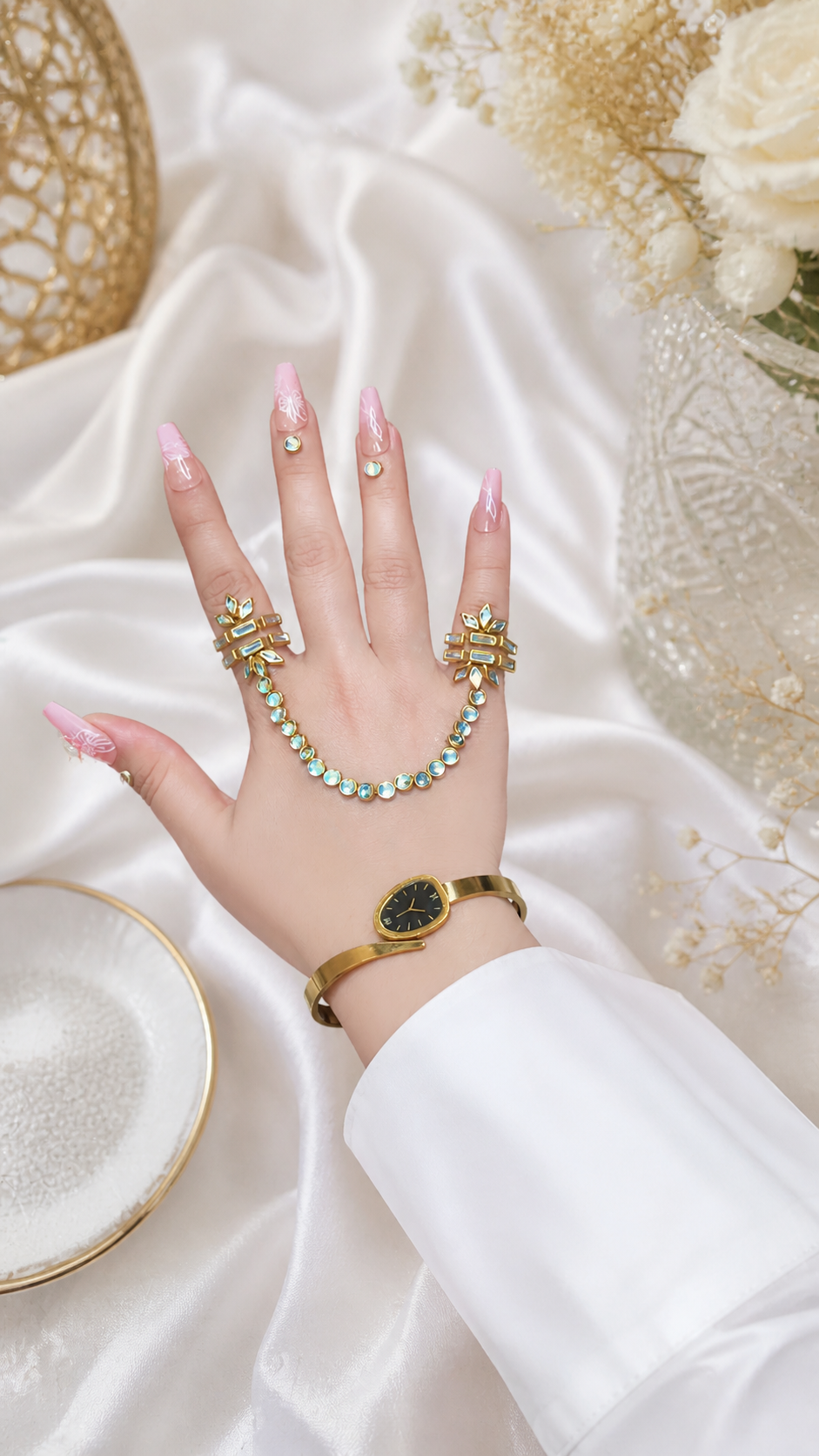 Elegant Gold Hand Chain Kundan Mehndi | TAW Design 07 Pack – Bridal Finger Jewellery Style