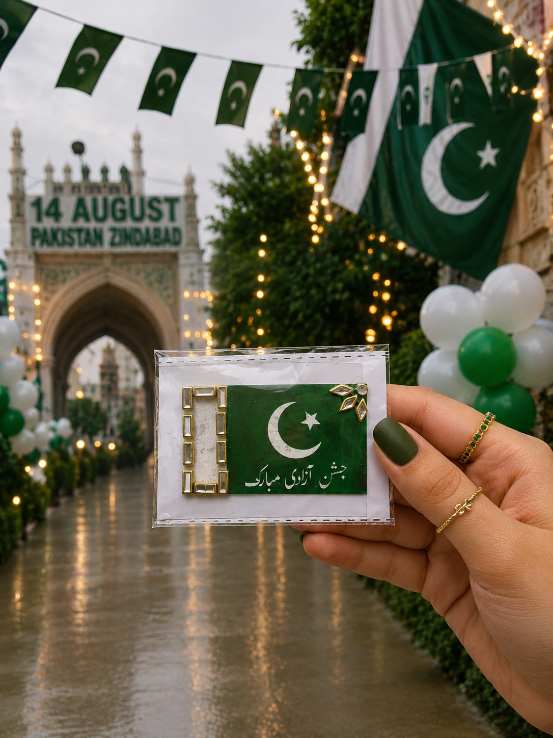 14 August Pakistan Flag Kundan Wrist Sticker – Premium Reusable Self-Adhesive Independence Day Decorative Sticker