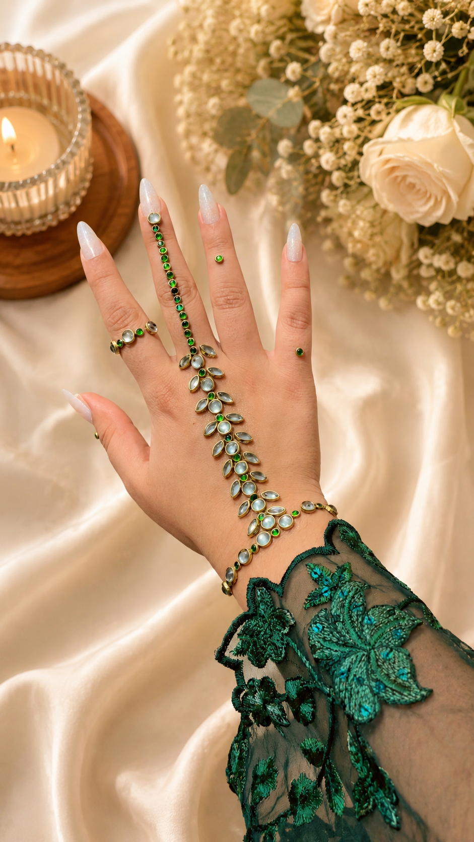 Mint Green Emerald Petal Kundan Mehndi pack | TAW Design 12 | Luxury Hand Jewellery Style