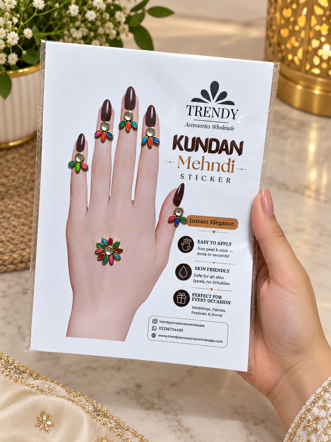 Design 03 | Pakistani Style Multicolor Kundan Mehndi | Premium Wedding Hand Decoration for Mehndi & Dholki
