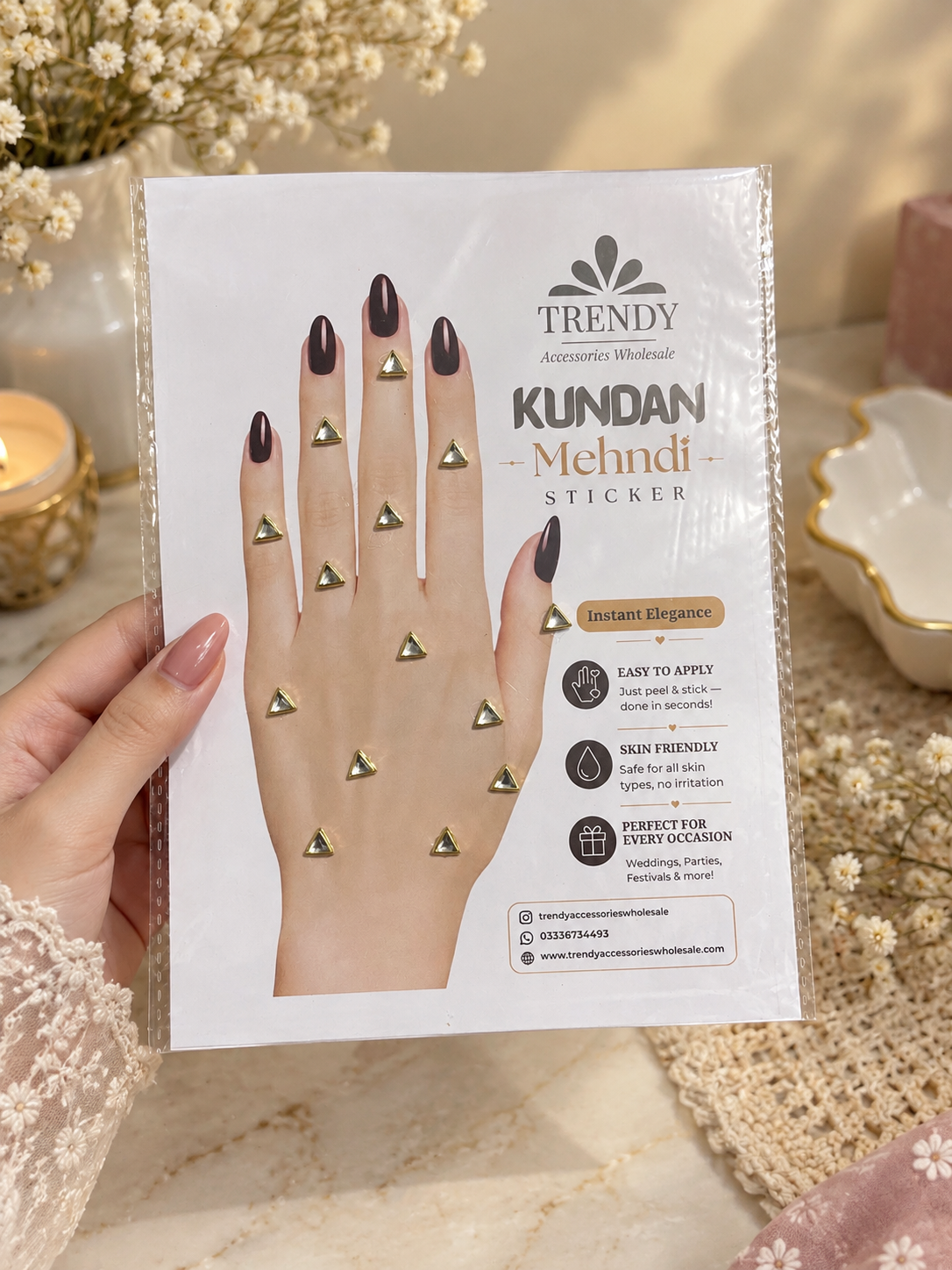 Design 33 | Elegant Triangle Kundan Mehndi | Bridal Hand Jewellery Sticker