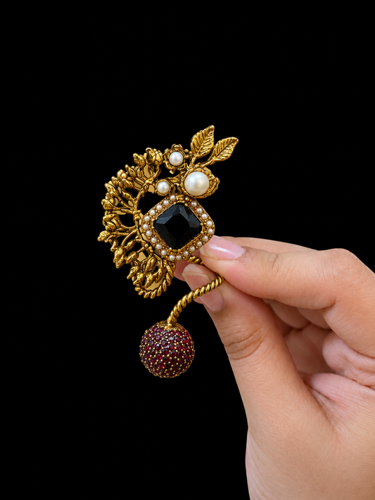 Vintage Gold Black Stone Pearl Drop Ring for Women