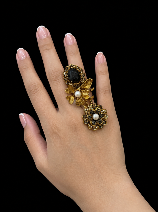 Vintage Gold Black Stone Floral Double Finger Ring with Pearl Details for Women