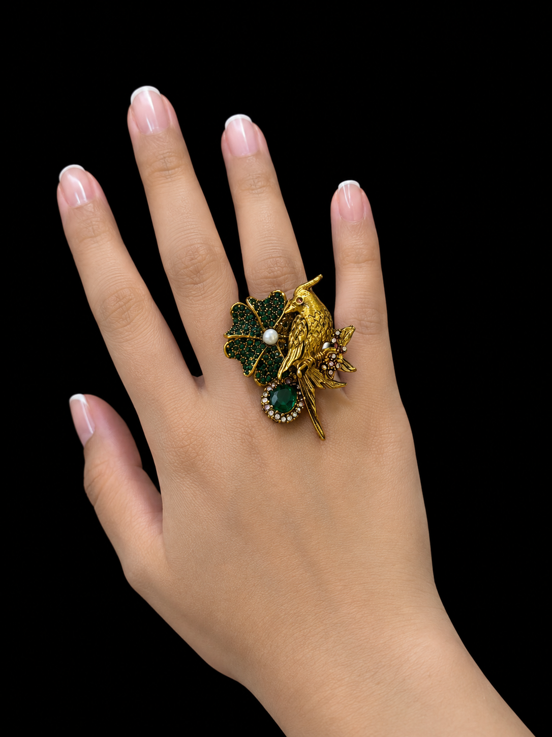 Vintage Gold Bird Green Stone Statement Ring for Women