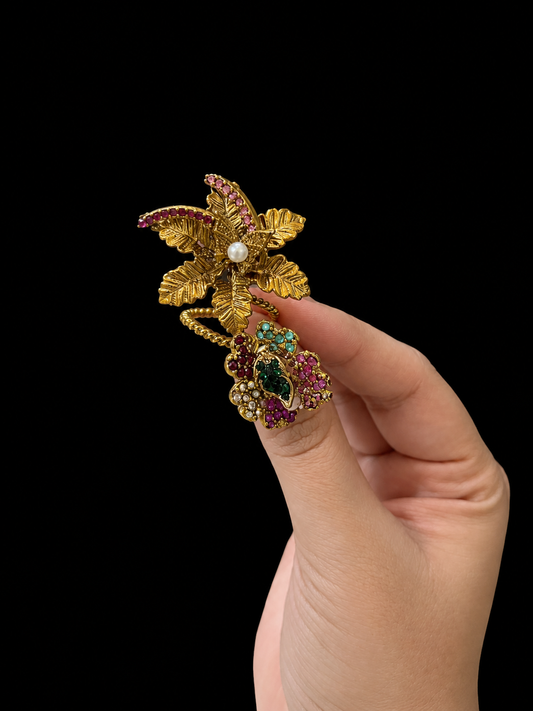 Vintage Gold Floral Multicolor Stone Statement Ring for Women