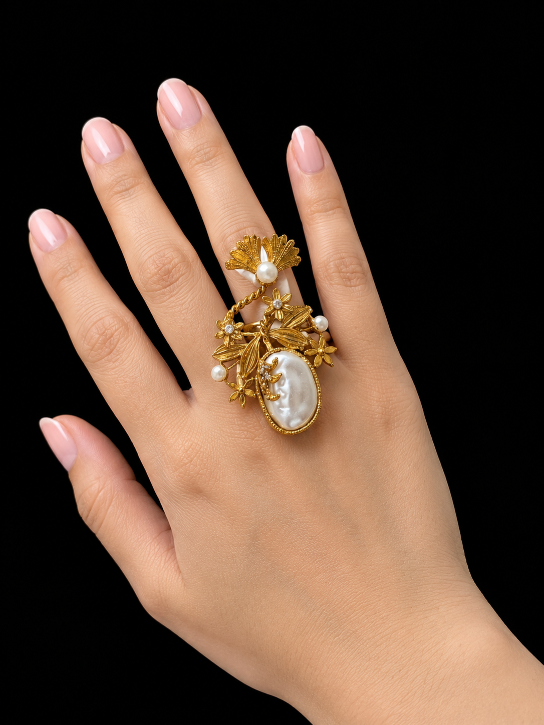 Gold Pearl Floral Two Finger Statement Ring for Women