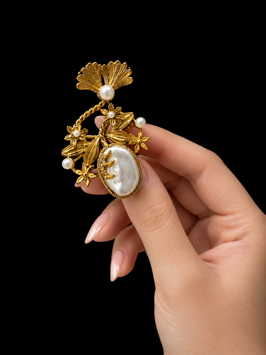 Gold Pearl Floral Two Finger Statement Ring for Women