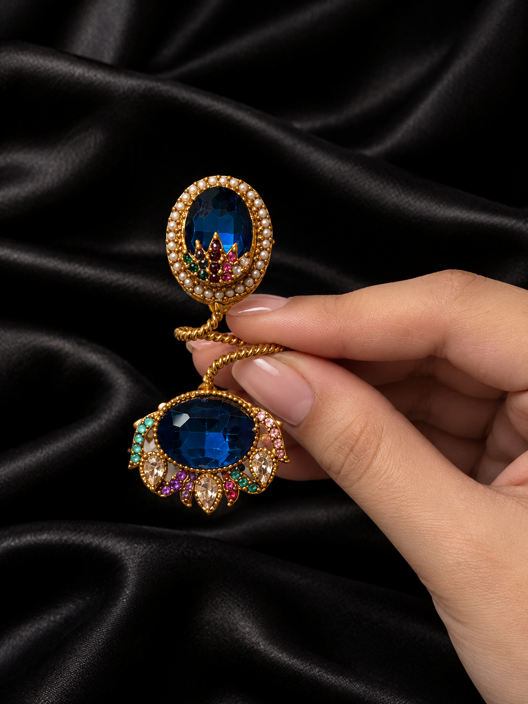 Vintage Blue Gemstone Adjustable Double Finger Ring – Gold Tone Statement Jewellery