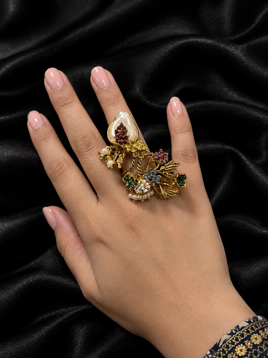 Vintage Floral Adjustable Ring – Gold Tone Pearl & Multicolor Statement Ring