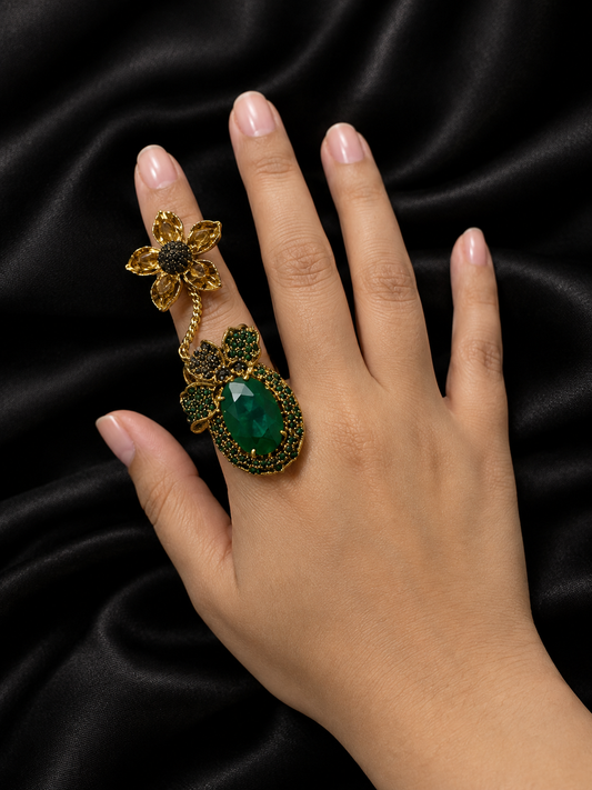 Green Gemstone Floral Adjustable Double Finger Ring – Gold Tone Statement Jewellery