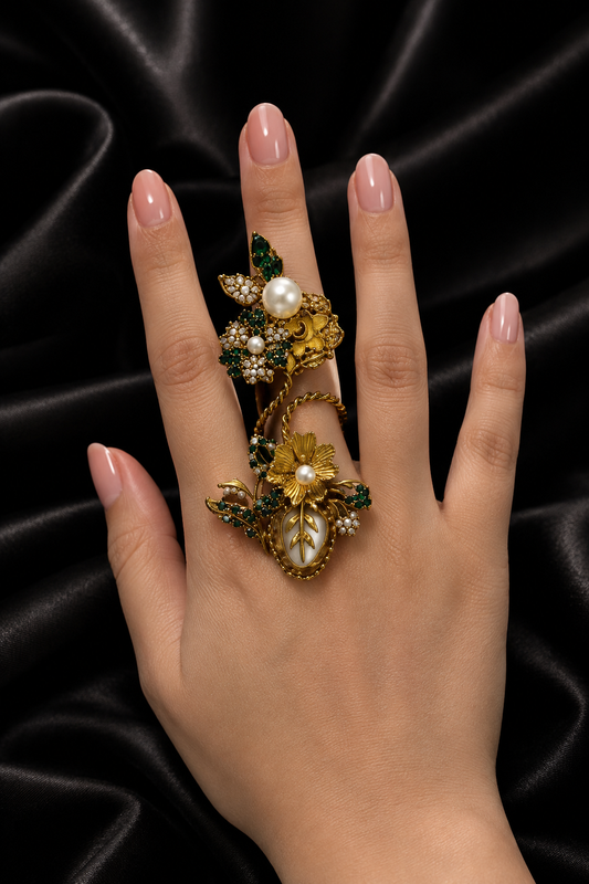 Green Floral Pearl Adjustable Double Finger Ring – Gold Tone Statement Jewellery