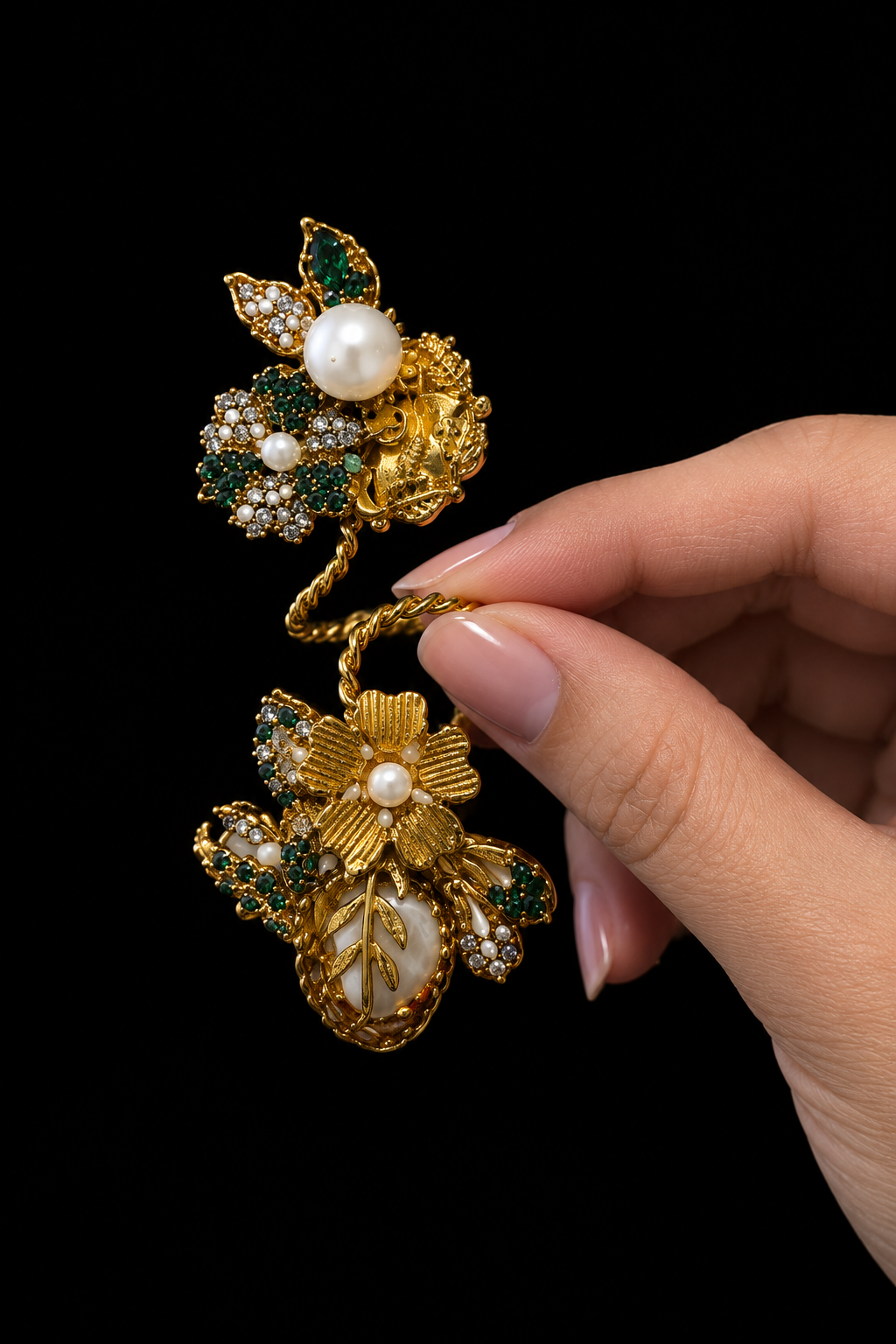 Green Floral Pearl Adjustable Double Finger Ring – Gold Tone Statement Jewellery