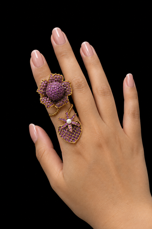 Purple Floral Adjustable Double Finger Ring – Gold Tone Heart Charm Statement Ring