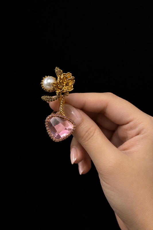 Pink Heart Adjustable Double Finger Ring – Gold Tone Floral Pearl Statement Ring