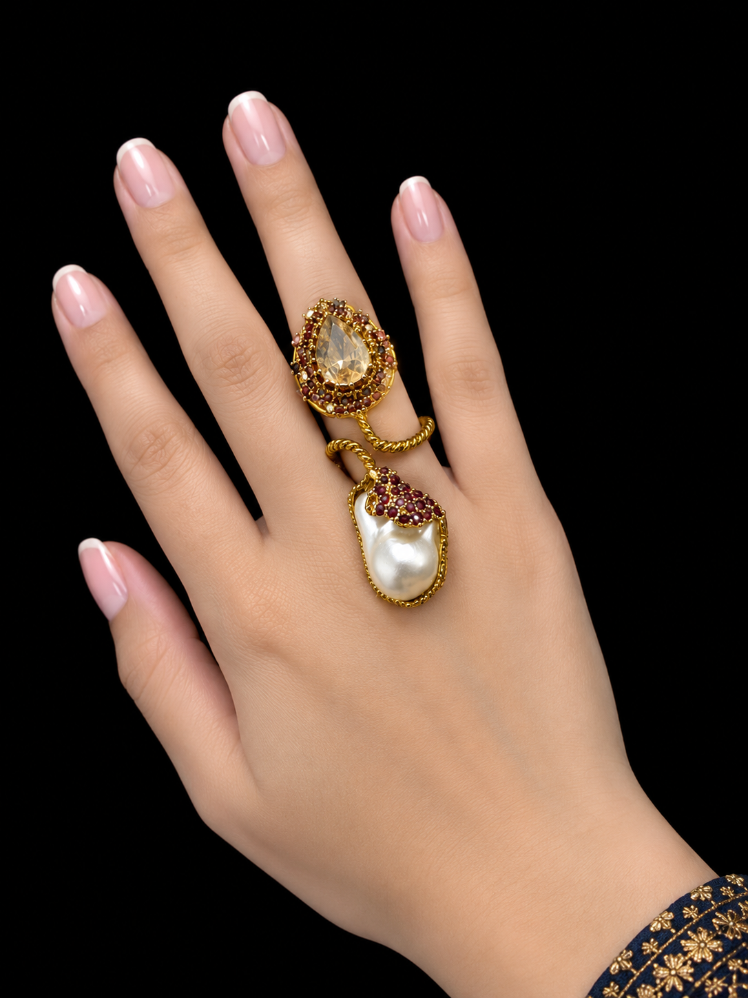 Champagne Stone Adjustable Double Finger Ring with Pearl Detail