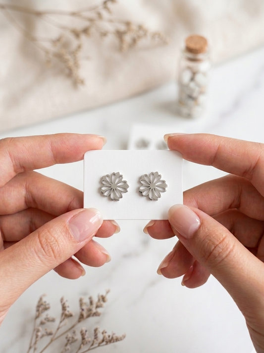 Silver Blossom Flower Stainless Steel Stud Earrings for Women | Elegant Floral Studs
