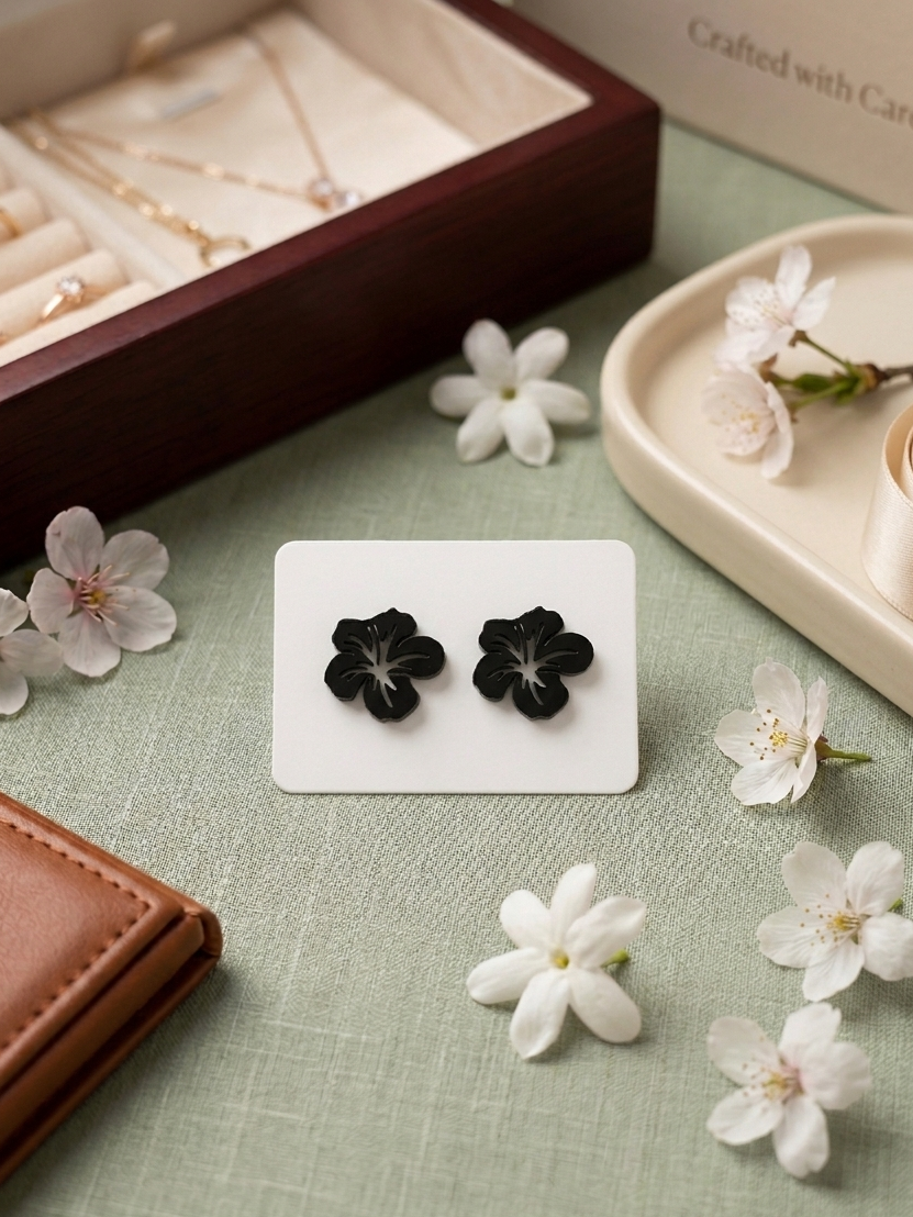 Black Blossom Flower Stud Earrings | stainless steel