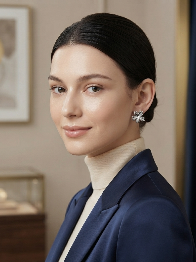 Silver Floral Stud Earrings for Women | Elegant Flower Crystal Earrings