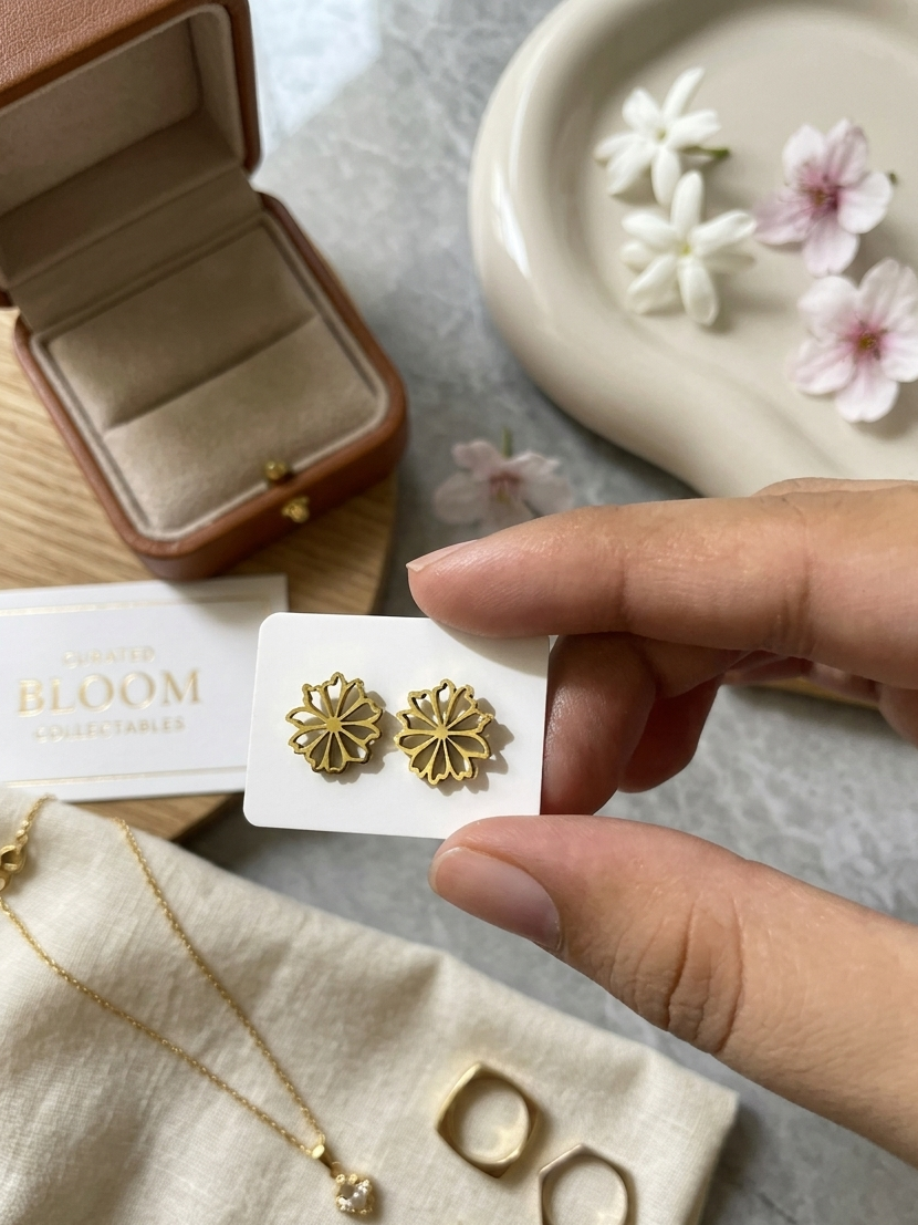 Golden Floral Stainless Steel Stud Earrings