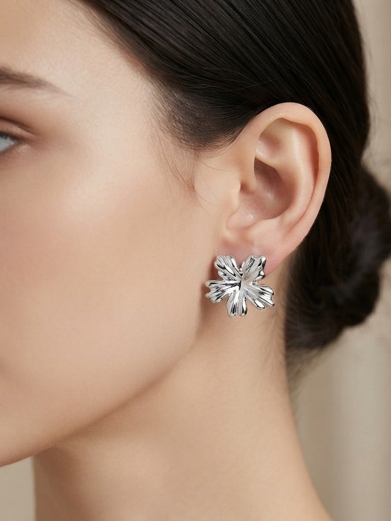 Silver Floral Stud Earrings for Women | Elegant Flower Crystal Earrings