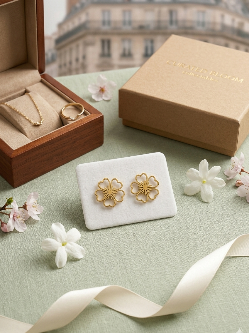 Golden Heart Petal Flower Stainless Steel Stud Earrings
