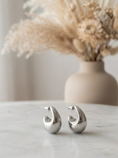 Silver Sculpted Hoop Earrings for Women | Modern Minimalist Statement Earrings