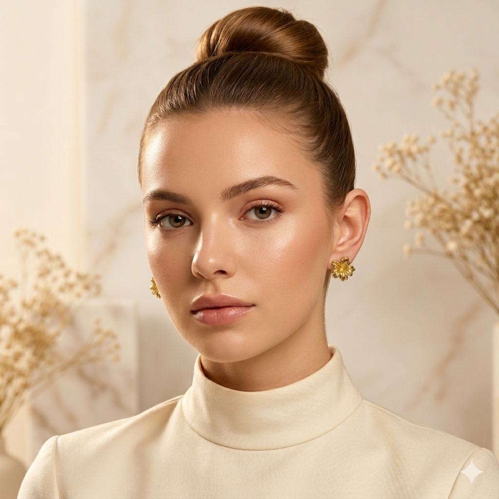 Gold Flower Stud Earrings for Women | Floral Statement Gold Plated Earrings