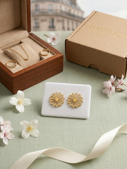 Golden Daisy Flower Stainless Steel Stud Earrings