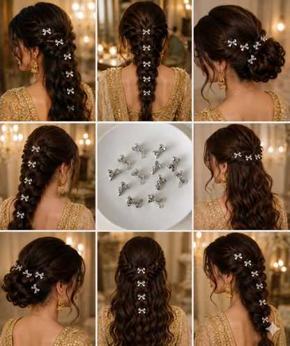 5PCS Crystal Bow Hair Clips Set – Silver & Gold Elegant Hair Accessories for Women & Girls