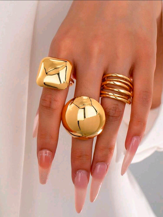 Pack of 3 Luxury Gold Plated Statement Ring Set for Women