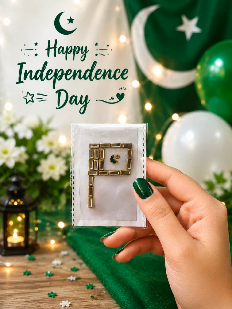 14 August Pakistan Flag Kundan Hand Sticker – Premium Independence Day Self-Adhesive Body Sticker