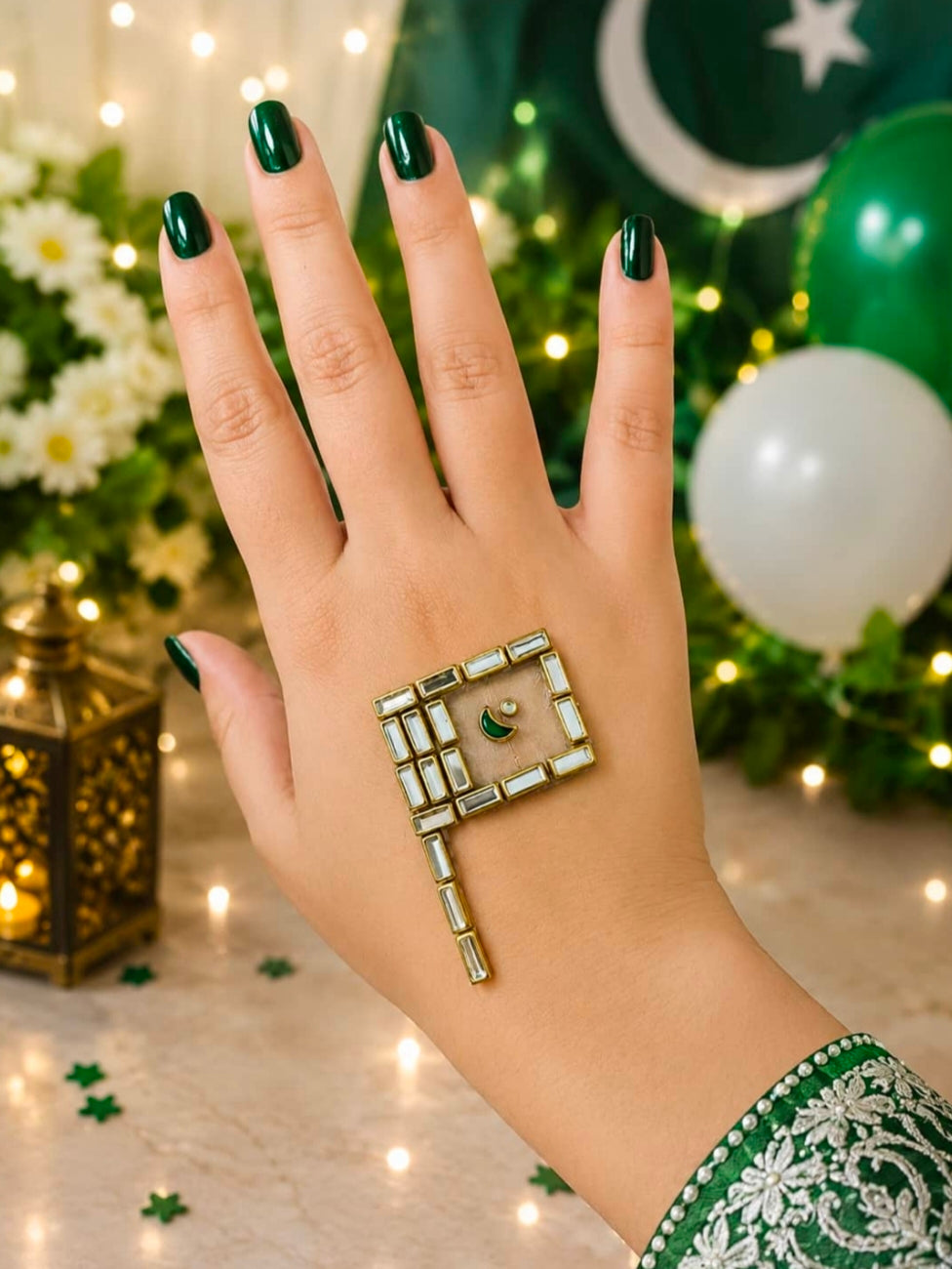 14 August Pakistan Flag Kundan Hand Sticker – Premium Independence Day Self-Adhesive Body Sticker
