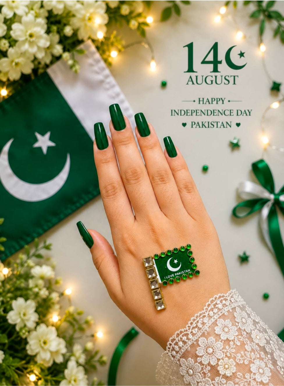 14 August Pakistan Flag Kundan Sticker – Premium Reusable Independence Day Decorative Sticker