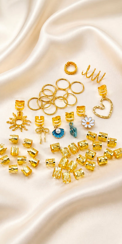 50PCS Gold Hair Rings & Hair Charms Set – Braid Accessories, Hair Jewelry for Braids, Ponytails & Wedding Hairstyles