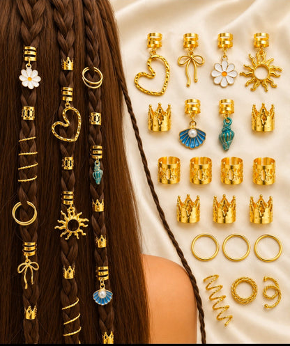 50PCS Gold Hair Rings & Hair Charms Set – Braid Accessories, Hair Jewelry for Braids, Ponytails & Wedding Hairstyles