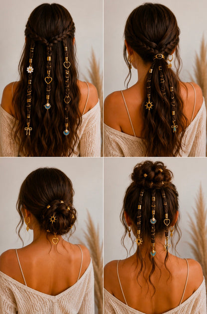 50PCS Gold Hair Rings & Hair Charms Set – Braid Accessories, Hair Jewelry for Braids, Ponytails & Wedding Hairstyles