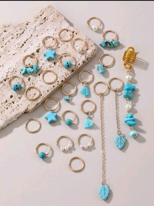 24pcs Women's Personalized Exaggerated Blue Star, Pearl, Tassel Braided Hair Clips, Natural Stone Pendant Hair Hoops, Headbands, Suitable For Daily, Party, Gathering, Dance Events, Hair Accessories For Women, Hairpin, Boho Style