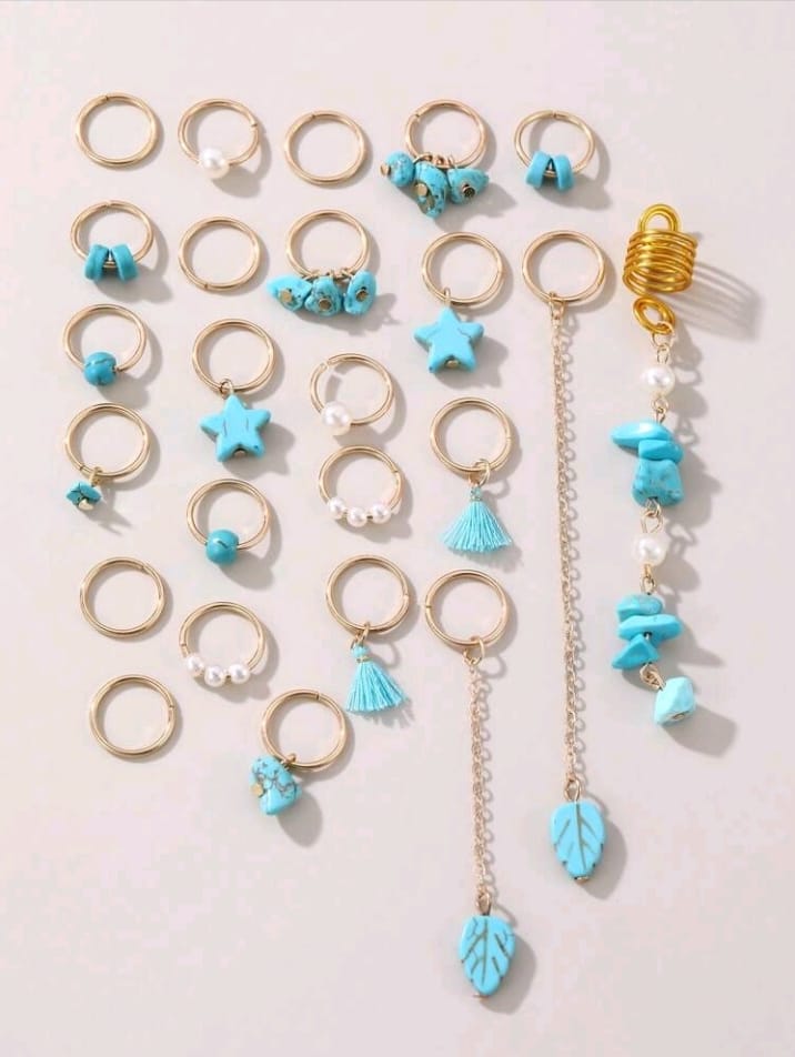 24pcs Women's Personalized Exaggerated Blue Star, Pearl, Tassel Braided Hair Clips, Natural Stone Pendant Hair Hoops, Headbands, Suitable For Daily, Party, Gathering, Dance Events, Hair Accessories For Women, Hairpin, Boho Style