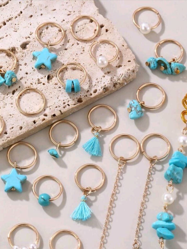 24pcs Women's Personalized Exaggerated Blue Star, Pearl, Tassel Braided Hair Clips, Natural Stone Pendant Hair Hoops, Headbands, Suitable For Daily, Party, Gathering, Dance Events, Hair Accessories For Women, Hairpin, Boho Style