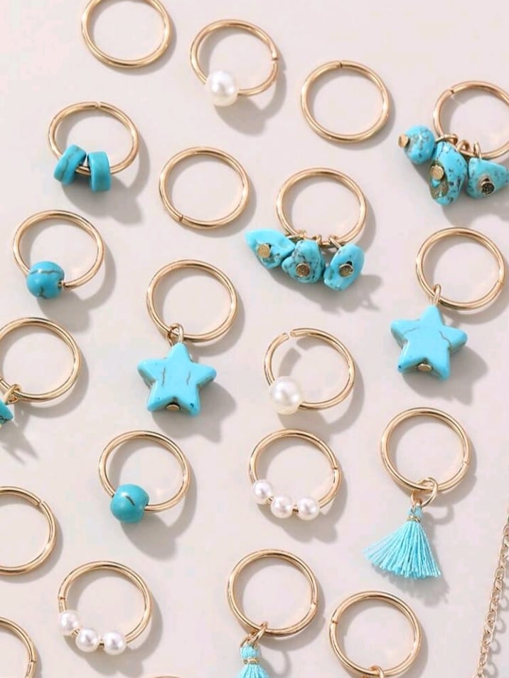 24pcs Women's Personalized Exaggerated Blue Star, Pearl, Tassel Braided Hair Clips, Natural Stone Pendant Hair Hoops, Headbands, Suitable For Daily, Party, Gathering, Dance Events, Hair Accessories For Women, Hairpin, Boho Style