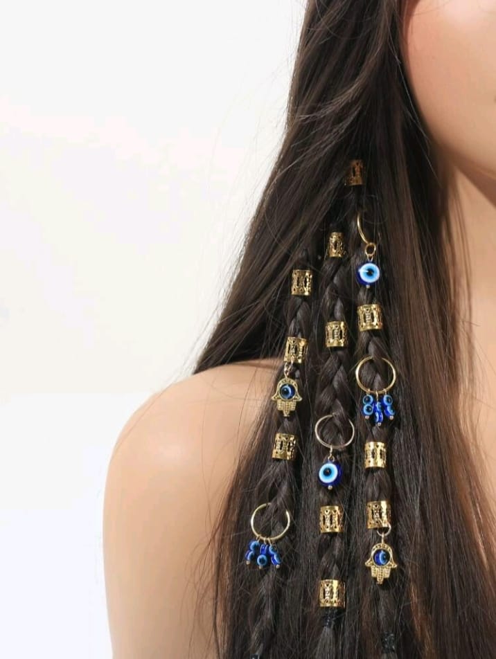 16pcs Devil Eye Braid Hair Rings, Gold Color Braiding Hair Clips, Fashion Hair Accessories For Women, School Stuff, Head Accessories, Hairpin, Boho Style
