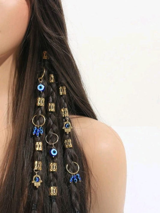 16pcs Devil Eye Braid Hair Rings, Gold Color Braiding Hair Clips, Fashion Hair Accessories For Women, School Stuff, Head Accessories, Hairpin, Boho Style